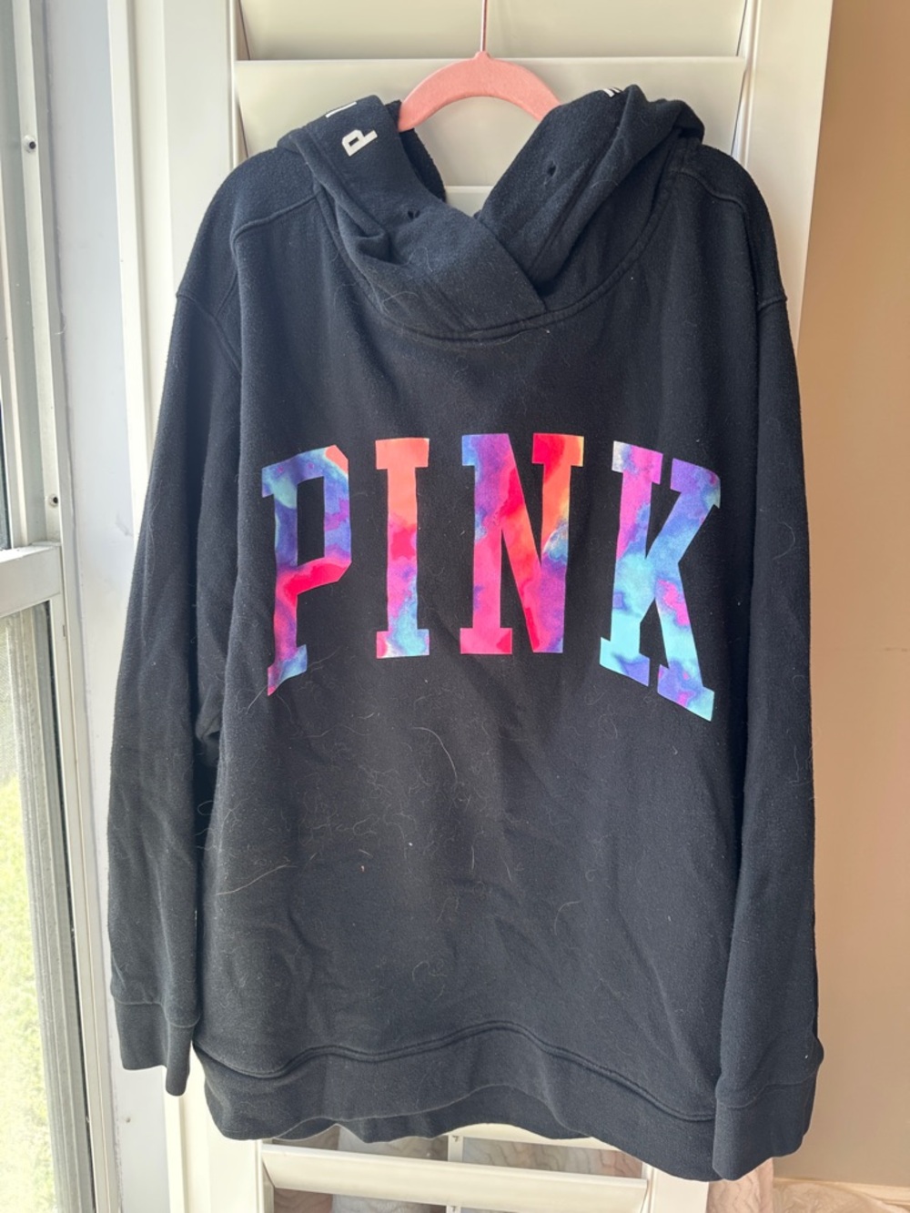 PINK Victoria's Secret Black Hoodie with Multicolor Tie-Dye Logo